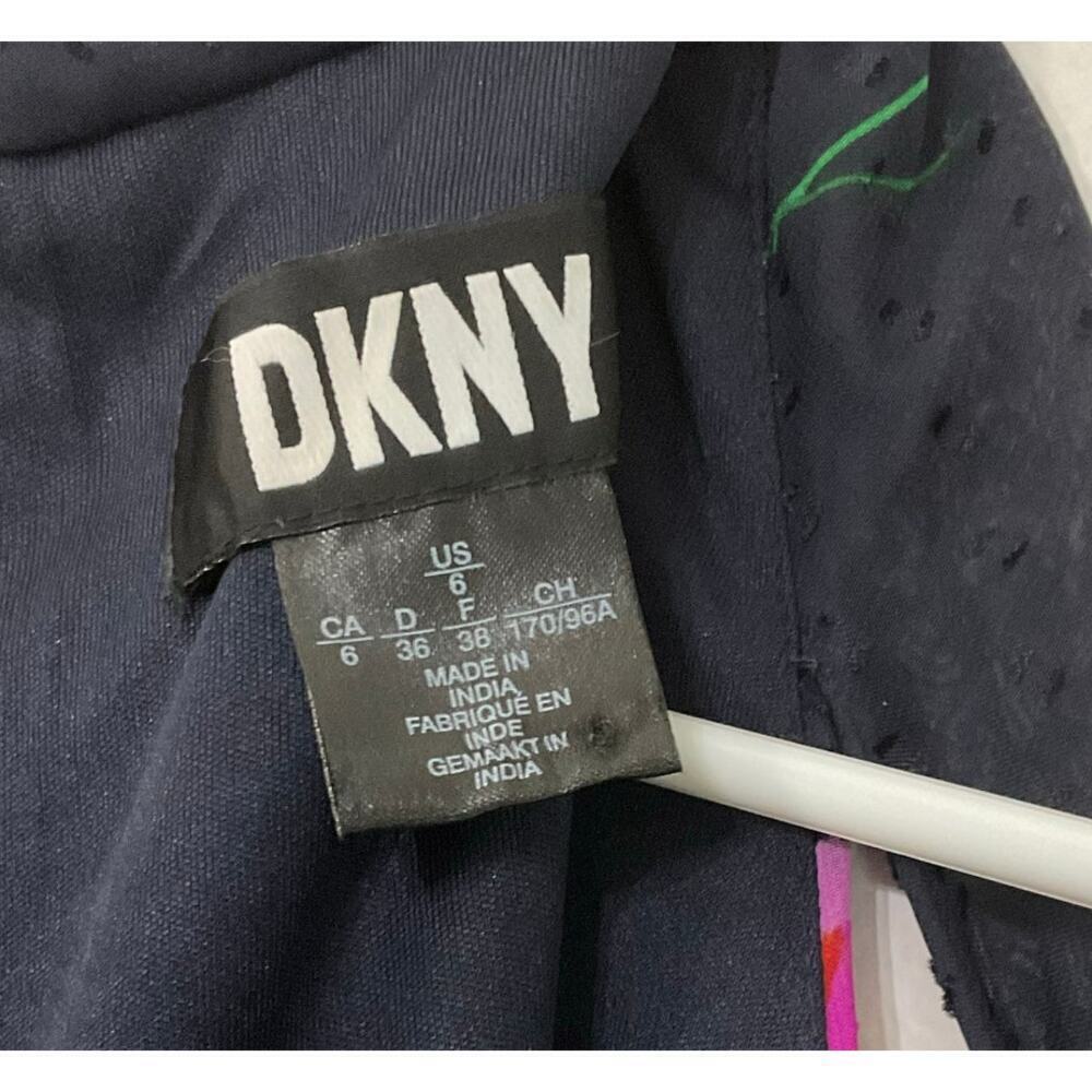 DKNY Navy Blue Floral Dress Chiffon Tie Neck 6 Small Swiss Dot Gathered Sleeves - Picture 8 of 9